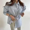 Korejpaa Women Shirt Summer Korean Chic Simple Versatile Lapel Loose Casual Pocket Long Sleeve Milk Soft Striped Blouses 210526