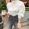 Blusas Spring White Blouse Femmes Sweet Ruffle Tops Stand-up Collier Puff Sleeve Stitch Polka Dot Broderie Chemise 12720 210527