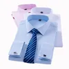 Men's Classic French Cuff Dress Shirts Long Sleeve No Pocket Tuxedo Male Shirt with Cufflinks Formal Party Wedding White Blue 220215