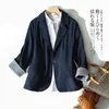 Women's Suits & Blazers Quality Linen Suit Women 2021 Autumn Navy Blue Three-quarter Sleeve Jacket