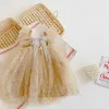 Champagn Mädchen Pailletten Kleid für Kinder Party Kleid Tiered Prinzessin mit Schleifen Schöne Ins Mode Hochzeit Kostüm 210529