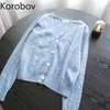 Korobov coréen évider à manches longues femmes chandails Vintage col en V Style Preppy femme Cardigans doux Sueter Mujer 210430
