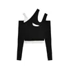 Falska tvådelade svarta tröjor Kvinnors Höstdesign Sexig Off-Shoulder Långärmad Base Shirt Style Short Top 210529