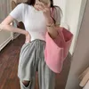 Silk Knitted Bottoms for Female Summer tie Sexy O Collar Short Dew Umbilical Tight T-shirt Green Top 210529