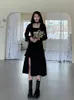 Gothic Dress Women Autumn Elegant Vintage Black Dress Fashion Lace-up Ruffles A-line long sleeve Party Dress Korea Clothing 210521