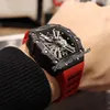 2022 Carbon Fiber Miyota Automatic Mens Watch All Black Skeleton Dial Red Rubber Strap Super Edition Puretime01 1201D4255M