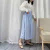 Surmiitro vår sommar långa pläterade kjolar Kvinnor Koreansk stil Elegant Blå estetisk Hög midja Midi Skirt Kvinna 210712