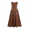 Eleganta kvinnor knäppas lång klänning mode damer faux läder es streetwear kvinnlig brun draped lös patchwork 210427