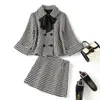 Vestidos de trabalho vintage dois pedaço conjunto mulheres casaco duplo-breasted casaco mini saia conjuntos feminino houndstooth escritório senhora ternos