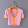 Pink cardigan womens sweaters korean crop yellow autumn tops short sleeve v neck mohair fall 210907