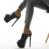 Femmes High Platform Slippers Pumps 2021 Super High Heels 16cm dames Retro Rivets Chaussures Peep Toe en cuir souple Sandale Black7382534