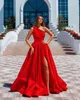Charming Red Simple A Line Long Prom Dresses One Shoulder Pleats High Side Split Floor Length Formal Dress Evening Gowns Party Wear Custom Made