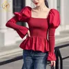 Camicetta rossa da donna primavera manica a sbuffo colletto quadrato stile coreano camicie casual eleganti top selvaggi 210520