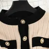 Höstkvinnans stickade 2 stycken Set Chic Office Ladies Single Breasted Pearl Knappar Cardigan Sweater + Plissed Long Kjol Suit 211119