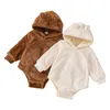 ロンパース赤ちゃんガールズボーイズロンパース0-24M 3Dイヤーフード付き長袖ファープラッシュソリッドジャンプスーツ2色