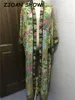 Bohemian V Neck Peacock Flower Print Long Kimono Shirt Ethnic Nacing Up With Sashes Long Cardigan Loose Blouse Tops Femme 210326