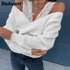 Beauvant Kaki Sexy Pulling Sweater Femme One Line Collier Taille High Taille Pull Discothèque Pull tricoté d'hiver 210709