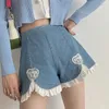 YBYR Cute Lolita Girls Denim Shorts Japanese Sweet High Waist Lace Irregular Women's S-4XL Summer Kawaii Sexy Blue 210714