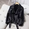 Vårkvinnor BF Style Loose PU Läderjacka med bälte Höst Kvinnlig Oversized Moto Biker Black Coat Outwear 210430