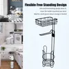 Black Metal Floor Standing Paper Roll Holder Stand Organizer Toilet Towel Rack Bathroom Hardware Vertical Storage Basket 210720