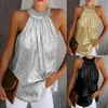 Mode kvinna halter neck tank toppar damer sommar casual ärmlös tröja blus väst slinga sequined dragkedja formella kläder y0622