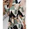 Casual Rhombu's Dress Sashes Button Long Sleeve Ladies Spring Summer Midi Dresses 210623