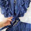 2021 Blue Striped Crop Top Long Pant Two Piece Set Women Summer Sexy Backless Knotted Tops Wide Leg Pants Party 2 Piece Sets