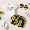 Kläduppsättningar födda Baby Girl Ruffle Letter Romper Tops+ Sunflower Kort kjol+ hårband Kidskläder Girls Vetement Enfant Fille#g