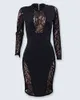 Herbst Abend Party, Figurbetontes Kleid Sexy Langarm OL Elegante Mode Frauen Kleid Schwarz Spitze Einsatz Midi Kleid G1214