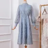 Céu azul pena borla mulher vestido de manga longa redondo decote rua desgaste vintage bibling vestidos feminino estilo solto cintura alta 210603