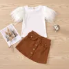 2-8Y Mode Kleinkind Kind Mädchen Kleidung Set Pelz Shorts Hülse T-shirt + Röcke Kinder Kostüme Sommer 210515