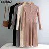 Autumn Winter Knit Midi Long Dress Women Casual High Neck Slim Bodycon tröja klänningar Office Lady Thick A Line Pleated Dress 210322