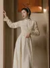 Yosimi Chinese stijl cheongsam lente vrouwen feestjurk herfst vintage mesh mid-kalf fit en flare lange mouw beige 210604