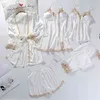 5pcs v-nacke nightwear pyjamas sätter brud bröllop sexiga kvinnors spets sovkläder sömn kostym vår casual satin pijamas 210830