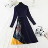 High Collar Knit Patchwork Sweater Dress Women Autumn Winter Vintage A-Line Knitted Dress Elegant Sashes Party Dresses 210521