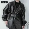 IEFB 봄 가을 남성의 느슨한 두께 PU 가죽 자켓 허리 장식 새시 블랙 대형 코트 9Y4634 210524