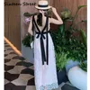 夏のVネックホワイトメッシュドレス背中のないスパゲッティストラップセクシーなビーチパーティーノースリーブマキシ女性滑走路Vestido 210603