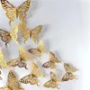 Etiquetas engomadas de la pared 12 unids 3D Hollow Rose Gold / Golden / Silver Butterfly DIY Art Decor Decoración Decoración Decoración de la boda