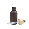 Garrafa do conta-gotas de vidro Bambu Woode LID Portátil Frost Frost Brown Brown Petróleo Versos Recipiente Recarregável 5ml 10ML 15ML 20ML 30ML 50ML 100ML Embalagem Cosmética