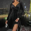 Femmes Robe Sexy Ourlet Big Swing Velours Automne Hiver Robe 2021 Col En V Dames Parti Mini Robe À Manches Longues Slim Robe De Mujer Y1204