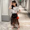 Summer Kids 2PCS Girl Clothes Sets Teenage 6 8 10 12 14 Years Casual School Clothes Sets Tops T-shirt Tutu Skirt Outfits C0225 159 Z2
