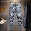 Homens rasgados casuais skinny jeans calças moda marca homem rua streetwear carta impressa angustiado buraco buraco cinzento calças denim 210723