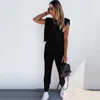 Mulheres Workout Black 2 Piece Sport set sweatpants ombro almofada sem mangas top e calças longas Dois peça conjunto tuns streetwear 210709