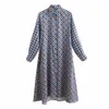Kadın Yaz Vintage Baskı Elbise Uzun Kollu Turn-down Yaka Düğmeleri Elbiseler Kadın Zarif Düz Gömlek Elbise Vestidos 210323