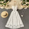 DEAT Women White Open Back Swing Hollow Ourt Suspender Dress Slash Neck High Waist Fashion Spring Summer 11B334 210709