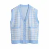 Streetwear Women Blue Plaid Sweater Vest Fashion Ladies V-Neck Stickade Toppar Kausal Kvinna Chic Ficka Loose Cardigan 210527