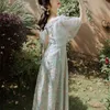 花の刺繍長い女性のドレスVネック半袖フェムレ網Midi Sequinイブニングパーティーエレガントな夏210603