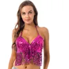 Stage Wear Womens Fashion Wet Look Halter Neck And Back Tie Up Latin Belly Dance Bra Top With Sequins Tassel Party Club Costume