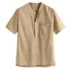 メンズクールな薄いシャツ夏の通気性のあるソリッドボタンコットンリネン男性半袖バギーカジュアルメンズ