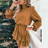 Damesmode Lace-Up Geplooide Mini Jurk Casual Polo Kraag Lange Mouw Jurken Kantoor Elegante Solid Ruche Corset A-lijn Jurk Y1204